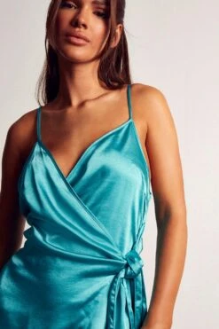 Premium Satin Tie Side Wrap Mini Dress -BOW Clothing Shop aqua premium satin tie side wrap mini dress 1