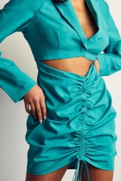 Ruched Cut Out Long Sleeve Blazer Shirt Dress -BOW Clothing Shop aqua ruched cut out long sleeve blazer shirt dress 1