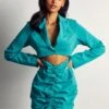 Ruched Cut Out Long Sleeve Blazer Shirt Dress -BOW Clothing Shop aqua ruched cut out long sleeve blazer shirt dress