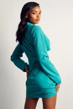 Ruched Cut Out Long Sleeve Blazer Shirt Dress -BOW Clothing Shop aqua ruched cut out long sleeve blazer shirt dress 2