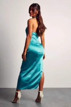 Satin Twist Neck Backless Midaxi Dress -BOW Clothing Shop aqua satin twist neck backless midaxi dress 2