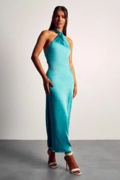 Satin Twist Neck Backless Midaxi Dress -BOW Clothing Shop aqua satin twist neck backless midaxi dress 3