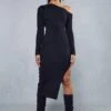 Asymmetric Side Split Knitted Midi Dress -BOW Clothing Shop black asymmetric side split knitted midi dress
