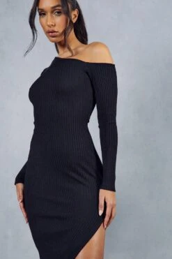 Asymmetric Side Split Knitted Midi Dress -BOW Clothing Shop black asymmetric side split knitted midi dress 3