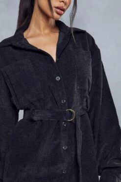 Balloon Sleeve Belted Cord Dress -BOW Clothing Shop black balloon sleeve belted cord dress 1