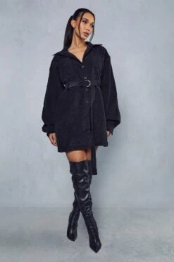 Balloon Sleeve Belted Cord Dress -BOW Clothing Shop black balloon sleeve belted cord dress 3