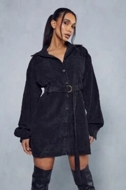 Balloon Sleeve Belted Cord Dress -BOW Clothing Shop black balloon sleeve belted cord dress 4