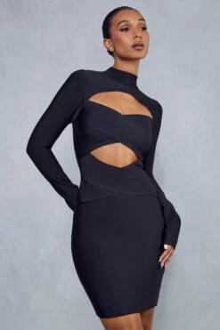 Bandage Cross Front Mini Dress -BOW Clothing Shop black bandage cross front mini dress 3