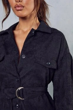 Belted Cord Puff Sleeve Shirt Dress -BOW Clothing Shop black belted cord puff sleeve shirt dress 1