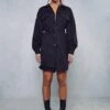 Belted Cord Puff Sleeve Shirt Dress -BOW Clothing Shop black belted cord puff sleeve shirt dress