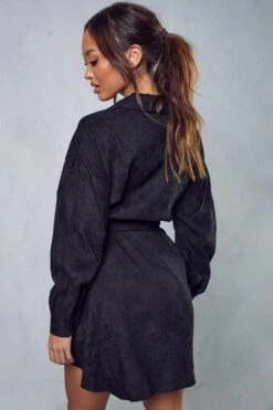 Belted Cord Puff Sleeve Shirt Dress -BOW Clothing Shop black belted cord puff sleeve shirt dress 2