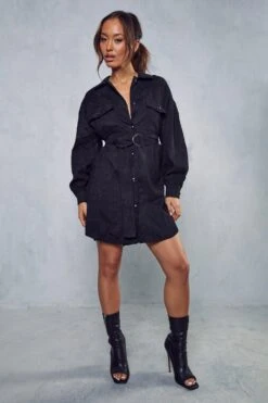 Belted Cord Puff Sleeve Shirt Dress -BOW Clothing Shop black belted cord puff sleeve shirt dress 3