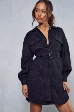 Belted Cord Puff Sleeve Shirt Dress -BOW Clothing Shop black belted cord puff sleeve shirt dress 4