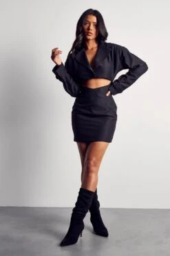 Boxy Shoulder Pad Strap Cuff Blazer Dress -BOW Clothing Shop black boxy shoulder pad strap cuff blazer dress 3