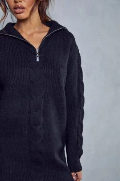 Cable Knit Detail Zip Up Jumper Dress -BOW Clothing Shop black cable knit detail zip up jumper dress 1