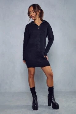 Cable Knit Detail Zip Up Jumper Dress -BOW Clothing Shop black cable knit detail zip up jumper dress 3