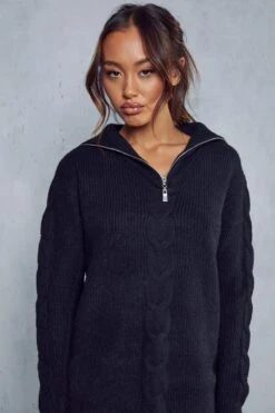 Cable Knit Detail Zip Up Jumper Dress -BOW Clothing Shop black cable knit detail zip up jumper dress 4