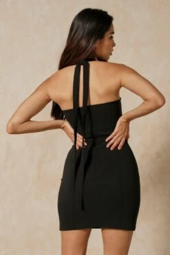 Chain Strap V Bar Halterneck Mini Dress -BOW Clothing Shop black chain strap v bar halterneck mini dress 3