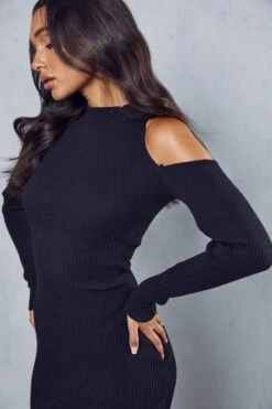 Cold Shoulder Mini Jumper Dress -BOW Clothing Shop black cold shoulder mini jumper dress 1