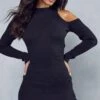 Cold Shoulder Mini Jumper Dress -BOW Clothing Shop black cold shoulder mini jumper dress