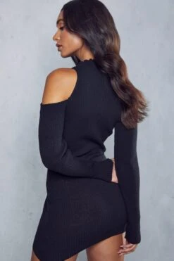 Cold Shoulder Mini Jumper Dress -BOW Clothing Shop black cold shoulder mini jumper dress 2