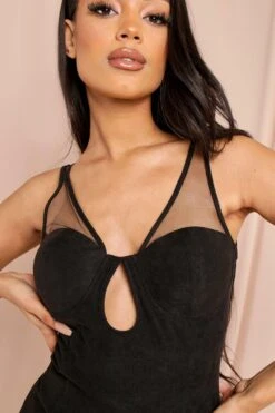 Cord U Bar Mesh Detail Bodycon Dress -BOW Clothing Shop black cord u bar mesh detail bodycon dress 2