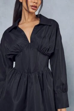 Corset Insert Plunge Shirt Dress -BOW Clothing Shop black corset insert plunge shirt dress 1