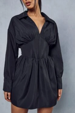 Corset Insert Plunge Shirt Dress -BOW Clothing Shop black corset insert plunge shirt dress 4