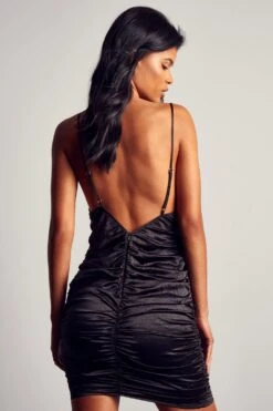 Crinkle Satin Ruched Cross Strap Mini Dress -BOW Clothing Shop black crinkle satin ruched cross strap mini dress 1 2