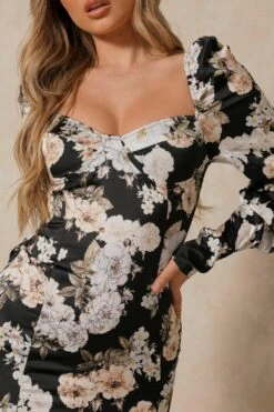 Cup Detail Frill Hem Floral Dress -BOW Clothing Shop black cup detail frill hem floral dress 1