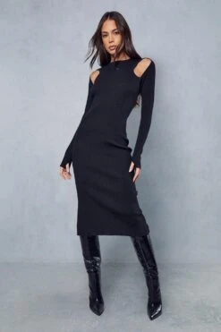 Cut Out Rib Knit Midi Dress
