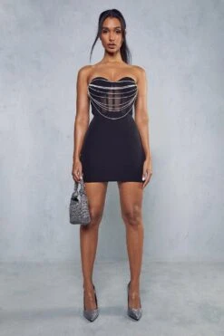 Diamante Drape Corset Bandeau Mini Dress -BOW Clothing Shop black diamante drape corset bandeau mini dress 3
