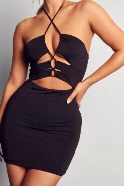 Double Layer Halterneck Strappy Cut Out Dress -BOW Clothing Shop black double layer halterneck strappy cut out dress 4