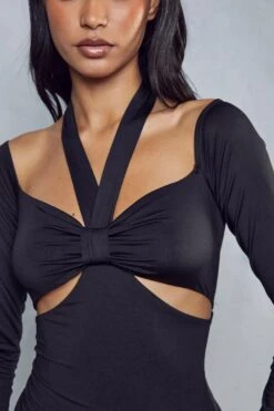 Double Layer Knot Front Long Sleeve Dress -BOW Clothing Shop black double layer knot front long sleeve dress 1