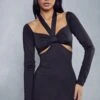 Double Layer Knot Front Long Sleeve Dress -BOW Clothing Shop black double layer knot front long sleeve dress