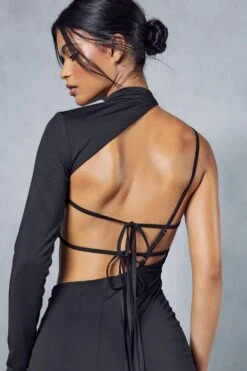 BOW Clothing Shop -BOW Clothing Shop black double layer slinky cut out one shoulder maxi dress 1