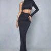 Double Layer Slinky Cut Out One Shoulder Maxi Dress -BOW Clothing Shop black double layer slinky cut out one shoulder maxi dress