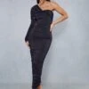 Double Layer Slinky One Shoulder Ruched Midaxi Dress -BOW Clothing Shop black double layer slinky one shoulder ruched midaxi dress