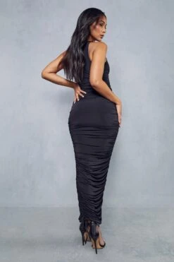 Double Layer Slinky Ruched Side Racer Maxi Dress -BOW Clothing Shop black double layer slinky ruched side racer maxi dress 2