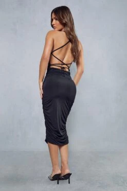 Double Layer Slinky Ruched Strappy Midi Dress 10 Double Layer Slinky Ruched Strappy Midi Dress -BOW Clothing Shop black double layer slinky ruched strappy midi dress 2