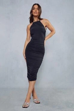 Double Layer Slinky Ruched Strappy Midi Dress 11 Double Layer Slinky Ruched Strappy Midi Dress -BOW Clothing Shop black double layer slinky ruched strappy midi dress 3