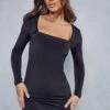 Double Layer Slinky Scoop Neck Long Sleeve Mini Dress -BOW Clothing Shop black double layer slinky scoop neck long sleeve mini dress