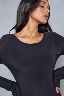 Double Layer Slinky Split Sleeve Low Back Mini Dress -BOW Clothing Shop black double layer slinky split sleeve low back mini dress 1