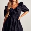 Extreme Frill Tiered Plunge Smock Dress -BOW Clothing Shop black extreme frill tiered plunge smock dress