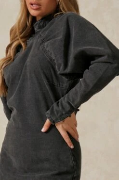 Extreme Puff Sleeve Denim Dress -BOW Clothing Shop black extreme puff sleeve denim dress 4