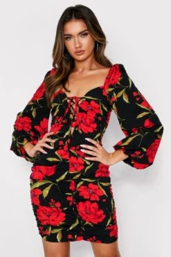 Floral Ruched Fruit Balloon Sleeve Dress -BOW Clothing Shop black floral ruched fruit balloon sleeve dress 1