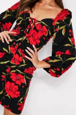 Floral Ruched Fruit Balloon Sleeve Dress -BOW Clothing Shop black floral ruched fruit balloon sleeve dress 3