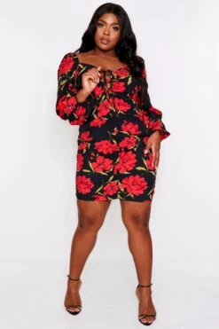 Floral Ruched Fruit Balloon Sleeve Dress -BOW Clothing Shop black floral ruched fruit balloon sleeve dress 4