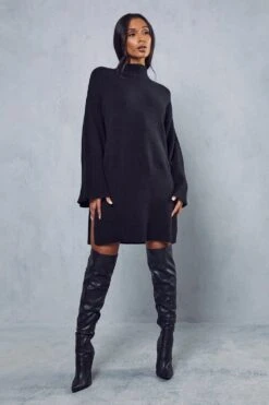 Flute Sleeve Knitted Mini Dress -BOW Clothing Shop black flute sleeve knitted mini dress 3