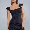 Frill Detail Ruched Mini Dress -BOW Clothing Shop black frill detail ruched mini dress
